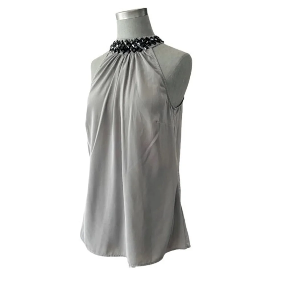 Vero Moda Women's Gray Halter Beaded Neck Top S Crystal Sleeveless Blouse Bow